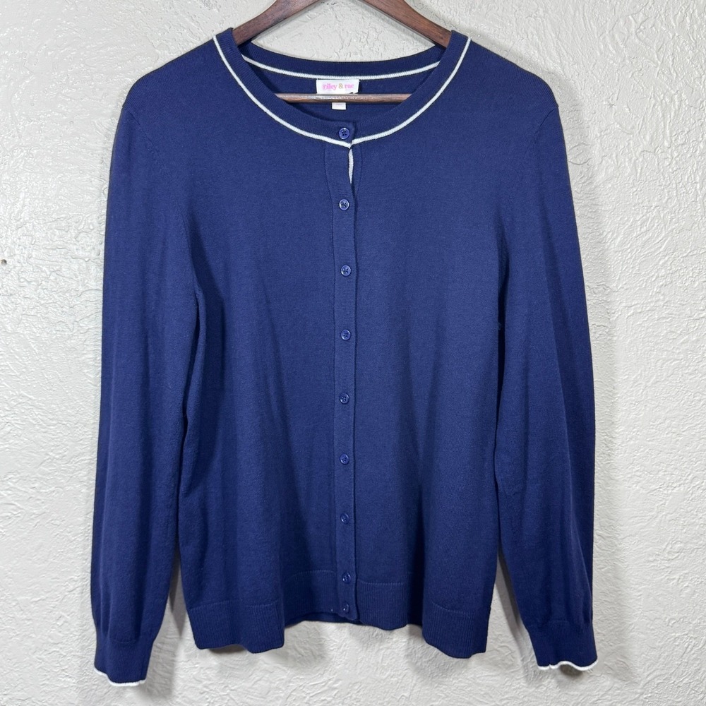 Riley‎ & Rae Cardigan Sweater XL Navy White Cotton Stretch Old Money Minimalist